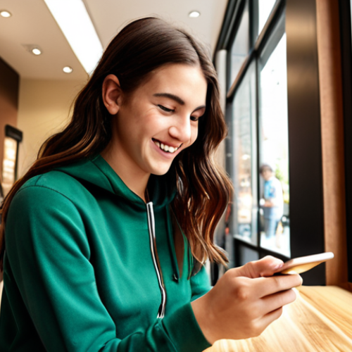 Home 4 **
A young adult happily discovering hidden cashback rewards on their check card app while browsing at a Starbucks. The scene should be bright and cheerful, emphasizing savings and smart financial choices.
**