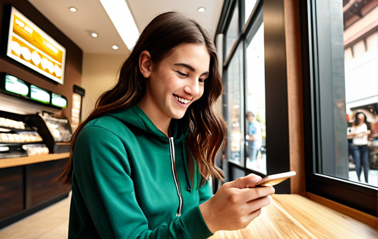**

A young adult happily discovering hidden cashback rewards on their check card app while browsing at a Starbucks. The scene should be bright and cheerful, emphasizing savings and smart financial choices.

**